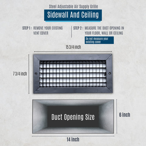 14x6 Steel Adjustable Air Vent Cover | Supply Register for Wall & Ceiling | Black | Outer Dimension: 15-3/4"W X 7-3/4"H