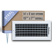 14"W x 6"H Steel Adjustable Air Supply Grille | Register Vent Cover Grill for Sidewall and Ceiling | White | Outer Dimensions: 15.75"W X 7.75"H for 14x6 Duct Opening