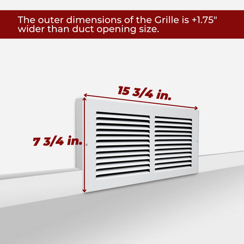 14"W x 6"H [Duct Opening] Baseboard Return Air Grille | 7/8" Margin Turnback to Fit Baseboard | White | Outer Dimensions: 15.75"W X 7.75"H