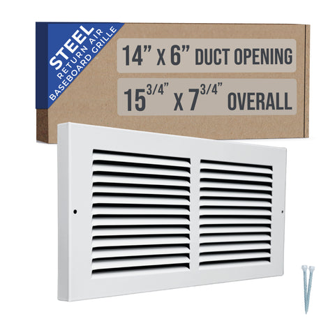 14"W x 6"H [Duct Opening] Baseboard Return Air Grille | 7/8" Margin Turnback to Fit Baseboard | White | Outer Dimensions: 15.75"W X 7.75"H