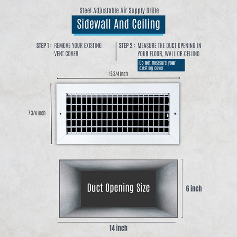 14x6 Steel Adjustable Air Vent Cover | Supply Register for Wall & Ceiling | White | Outer Dimension: 15-3/4"W X 7-3/4"H