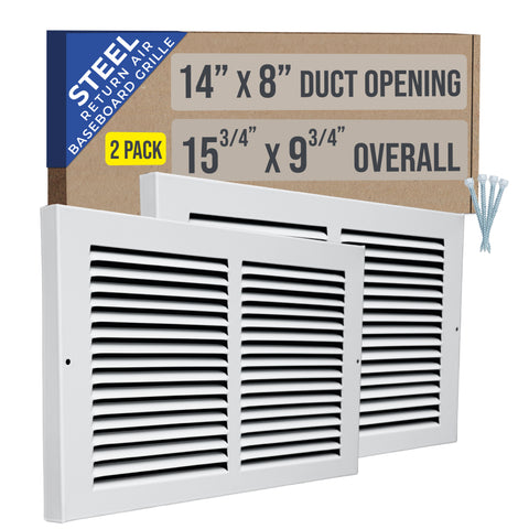 [2 Pack] 14"W x 8"H [Duct Opening] Baseboard Return Air Grille | 7/8" Margin Turnback to Fit Baseboard | White | Outer Dimensions: 15.75"W X 9.75"H