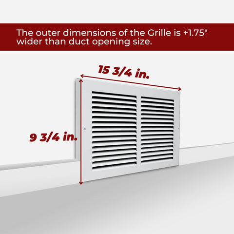 14"W x 8"H [Duct Opening] Baseboard Return Air Grille | 7/8" Margin Turnback to Fit Baseboard | White | Outer Dimensions: 15.75"W X 9.75"H