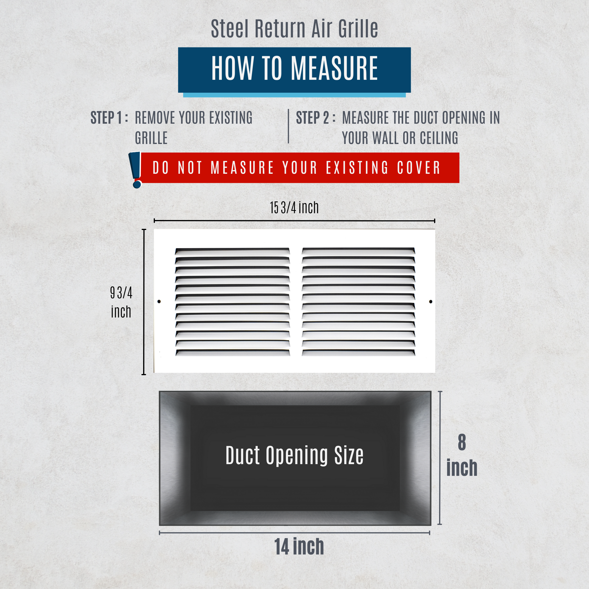 14" X 8" Duct Opening | HD Steel Return Air Grille for Sidewall and Ceiling | Outer Dimensions: 15.75"W X 9.75"H