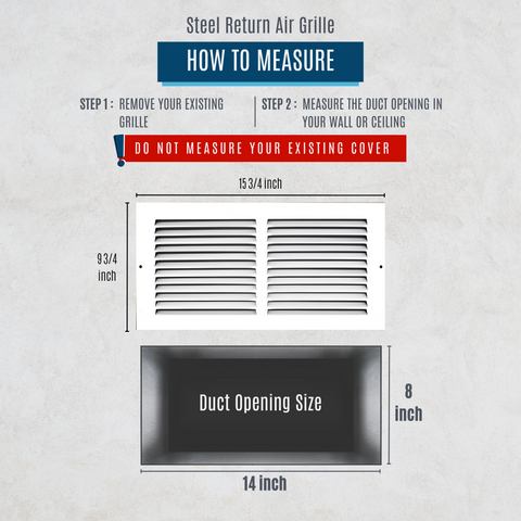 14" X 8" Duct Opening | HD Steel Return Air Grille for Sidewall and Ceiling | Outer Dimensions: 15.75"W X 9.75"H