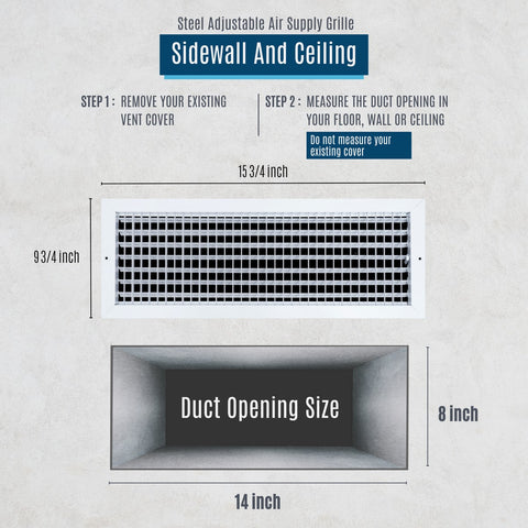 14x8 Steel Adjustable Air Vent Cover | Supply Register for Wall & Ceiling | White | Outer Dimension: 15-3/4"W X 9-3/4"H