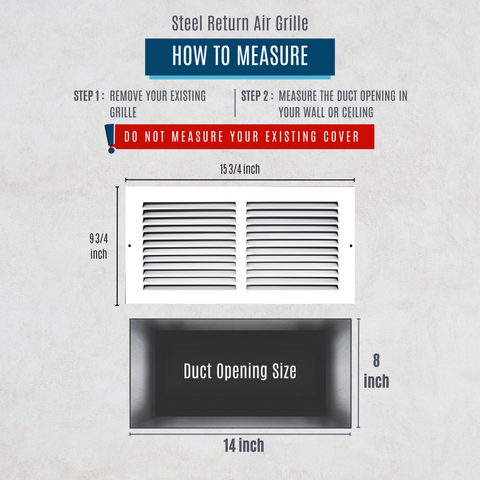 14" X 8" Duct Opening | Steel Return Air Grille for Sidewall and Ceiling | Outer Dimensions: 15.75"W X 9.75"H