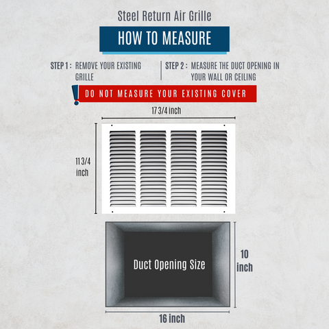16" X 10" Duct Opening | Steel Return Air Grille for Sidewall and Ceiling | Outer Dimensions: 17.75"W X 11.75"H