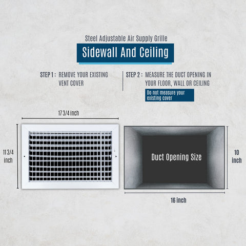 16x10 Steel Adjustable Air Vent Cover | Supply Register for Wall & Ceiling | White | Outer Dimension: 17-3/4"W X 11-3/4"H