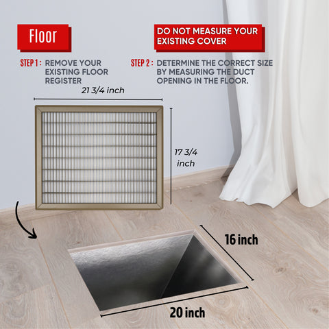 16 x 20-inch Brown Steel heavy duty return floor register, dimensions