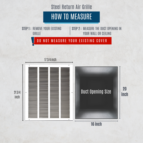 16" X 20" Duct Opening | Steel Return Air Grille for Sidewall and Ceiling | Outer Dimensions: 17.75"W X 21.75"H