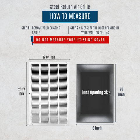 16" X 26" Duct Opening | Steel Return Air Grille for Sidewall and Ceiling | Outer Dimensions: 17.75"W X 27.75"H