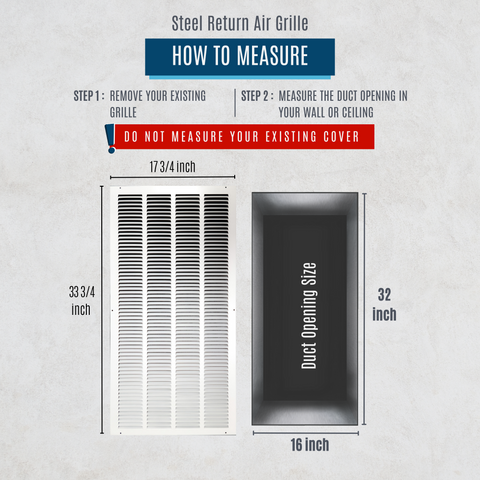 16" X 32" Duct Opening | Steel Return Air Grille for Sidewall and Ceiling | Outer Dimensions: 17.75"W X 33.75"H