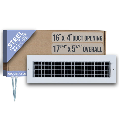 16"W x 4"H Steel Adjustable Air Supply Grille | Register Vent Cover Grill for Sidewall and Ceiling | White | Outer Dimensions: 17.75"W X 5.75"H for 16x4 Duct Opening