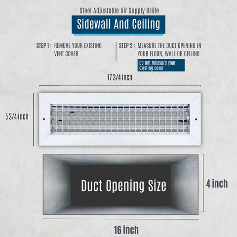 16x4 Steel Adjustable Air Vent Cover | Supply Register for Wall & Ceiling | White | Outer Dimension: 17-3/4"W X 5-3/4"H