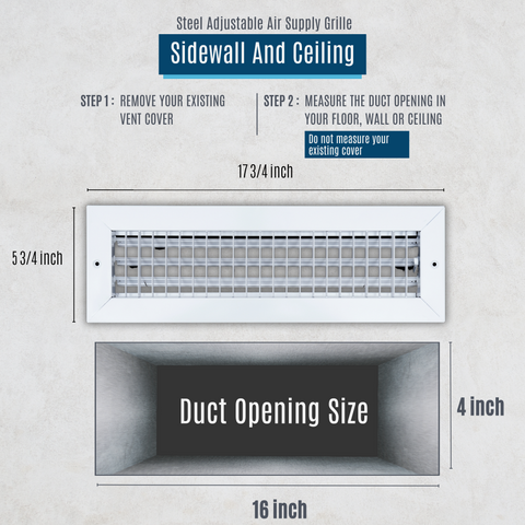 16"W x 4"H Steel Adjustable Air Supply Grille | Register Vent Cover Grill for Sidewall and Ceiling | White | Outer Dimensions: 17.75"W X 5.75"H for 16x4 Duct Opening