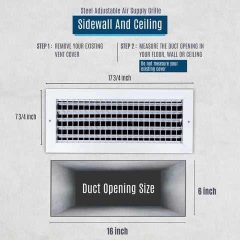 16x6 Steel Adjustable Air Vent Cover | Supply Register for Wall & Ceiling | White | Outer Dimension: 17-3/4"W X 7-3/4"H