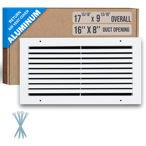 16"x8" Premium Aluminum Return Air Grille – Rust-Free HVAC Vent Cover for Wall & Ceiling | White | Out. Dim.: 17-13/16"W X 9-13/16"H