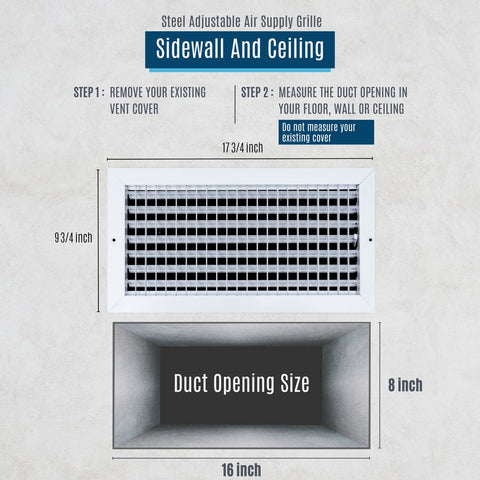 16x8 Steel Adjustable Air Vent Cover | Supply Register for Wall & Ceiling | White | Outer Dimension: 17-3/4"W X 9-3/4"H