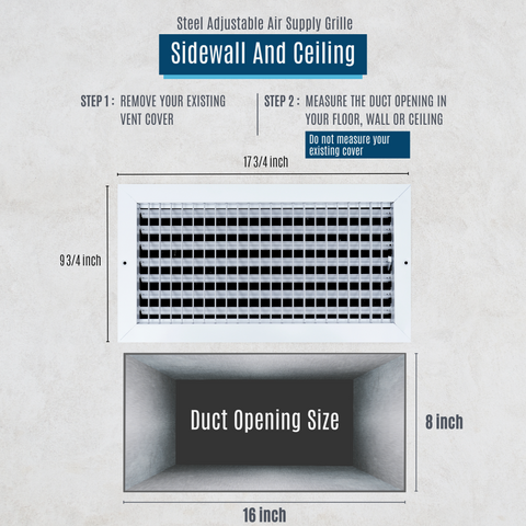 16"W x 8"H Steel Adjustable Air Supply Grille | Register Vent Cover Grill for Sidewall and Ceiling | White | Outer Dimensions: 17.75"W X 9.75"H for 16x8 Duct Opening