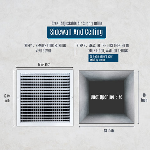 18x18 Steel Adjustable Air Vent Cover | Supply Register for Wall & Ceiling | White | Outer Dimension: 19-3/4"W X 19-3/4"H