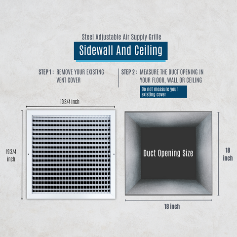 18"W x 18"H  Steel Adjustable Air Supply Grille | Register Vent Cover Grill for Sidewall and Ceiling | White | Outer Dimensions: 19.75"W X 19.75"H for 18x18 Duct Opening