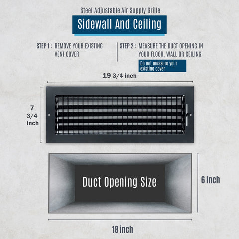 18x6 Steel Adjustable Air Vent Cover | Supply Register for Wall & Ceiling | Black | Outer Dimension: 19-3/4"W X 7-3/4"H