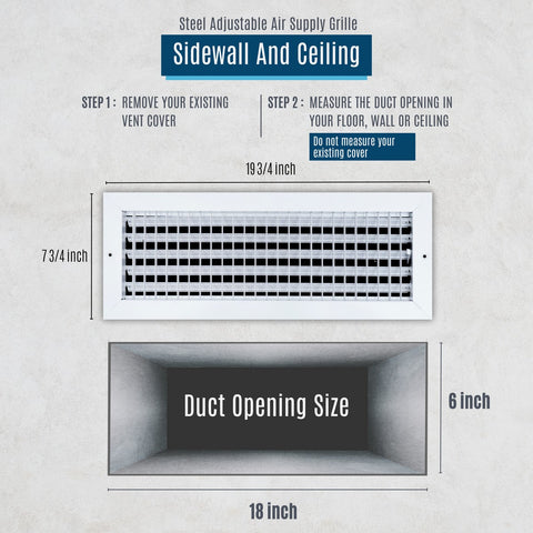 18x6 Steel Adjustable Air Vent Cover | Supply Register for Wall & Ceiling | White | Outer Dimension: 19-3/4"W X 7-3/4"H