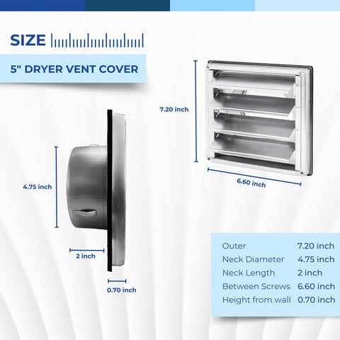 5-inch stainless steel square dryer vent cover with moving louvers, dimensions