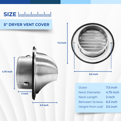 5" Stainless Steel Round Dryer Vent Cover with Hood and Rubber Seal, Weatherproof Exterior Wall Exhaust Vent