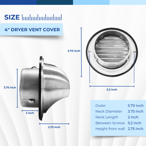 4" Stainless Steel Round Dryer Vent Cover with Hood and Rubber Seal, Weatherproof Exterior Wall Exhaust Vent