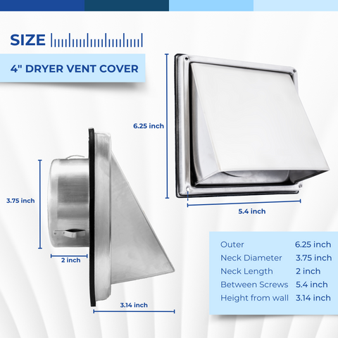 4" Stainless Steel Square Dryer Vent Cover with Non-Return Flap, Weatherproof Exterior Wall Exhaust Vent
