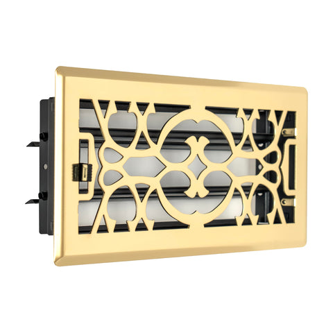 4"x10" Heavy Duty Steel Floor Register, Louvered Air Vent with Adjustable Damper | Polished Brass | Out. Dim.: 5-3/4"W X 11-1/2"H