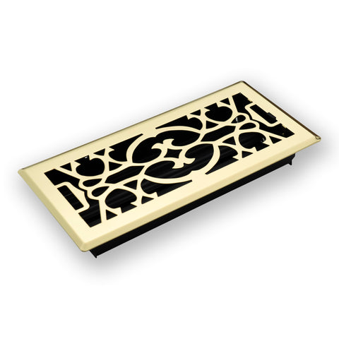 4"x10" Heavy Duty Steel Floor Register, Louvered Air Vent with Adjustable Damper | Polished Brass | Out. Dim.: 5-3/4"W X 11-1/2"H