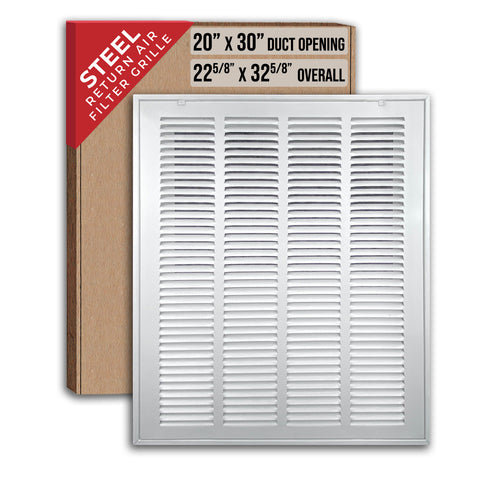 20"x30" White Steel Return Air Filter Grille, Removable Door, for 1-Inch Filters