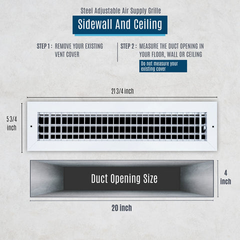 20x4 Steel Adjustable Air Vent Cover | Supply Register for Wall & Ceiling | White | Outer Dimension: 21-3/4"W X 5-3/4"H