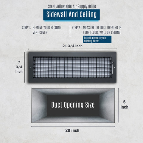20x6 Steel Adjustable Air Vent Cover | Supply Register for Wall & Ceiling | Black | Outer Dimension: 21-3/4"W X 7-3/4"H