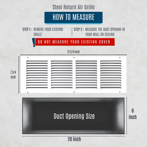 20" X 6" Duct Opening | Steel Return Air Grille for Sidewall and Ceiling | Outer Dimensions: 21.75"W X 7.75"H