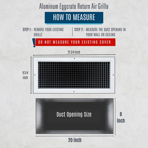 20" x 8" [Duct Opening] Aluminum Return Air Grille | Rust Proof Eggcrate Vent Cover Grill for Sidewall and Ceiling, White | Outer Dimensions: 21.75" X 9.75"