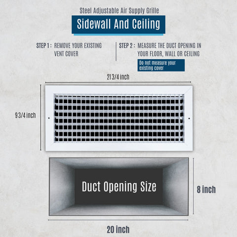 20x8 Steel Adjustable Air Vent Cover | Supply Register for Wall & Ceiling | White | Outer Dimension: 21-3/4"W X 9-3/4"H