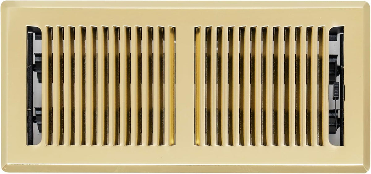4"x10" Heavy Duty Steel Floor Register, Louvered Air Vent with Adjustable Damper | Polished Brass | Out. Dim.: 5-3/4"W X 11-1/2"H