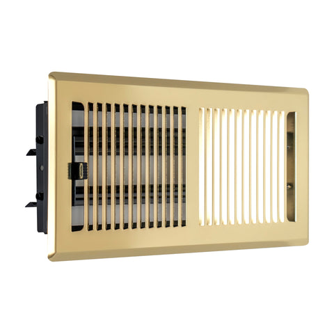 4"x10" Heavy Duty Steel Floor Register, Louvered Air Vent with Adjustable Damper | Polished Brass | Out. Dim.: 5-3/4"W X 11-1/2"H