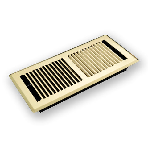 4"x10" Heavy Duty Steel Floor Register, Louvered Air Vent with Adjustable Damper | Polished Brass | Out. Dim.: 5-3/4"W X 11-1/2"H