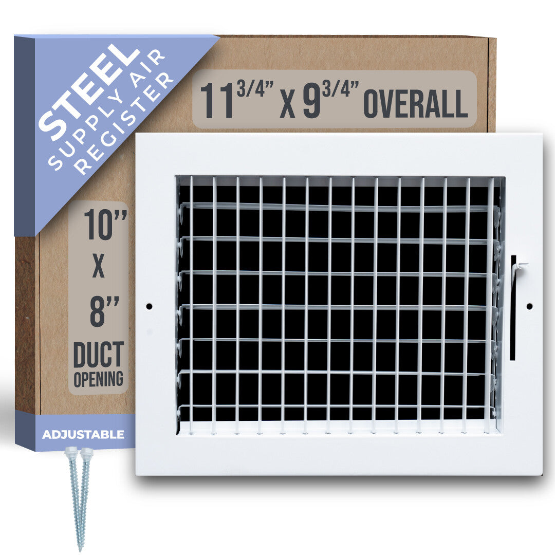 10 x 8-inch White Steel adjustable supply register, front view with packaging