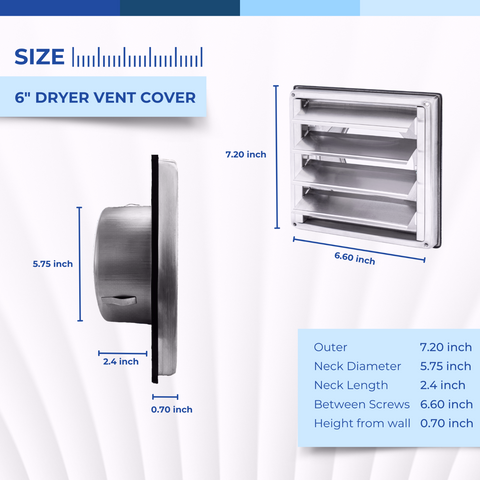 6" Stainless Steel Square Dryer Vent Cover with Moving Lamella, Weatherproof Exterior Wall Exhaust Vent