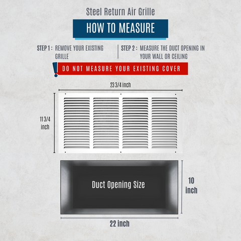 22" X 10" Duct Opening | Steel Return Air Grille for Sidewall and Ceiling | Outer Dimensions: 23.75"W X 11.75"H