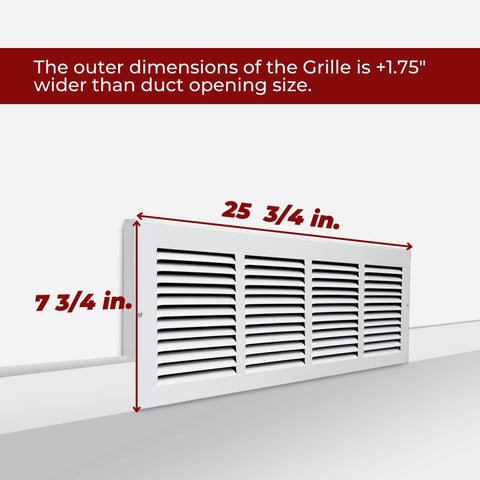 24"W x 6"H [Duct Opening] Baseboard Return Air Grille | 7/8" Margin Turnback to Fit Baseboard | White | Outer Dimensions: 25.75"W X 7.75"H