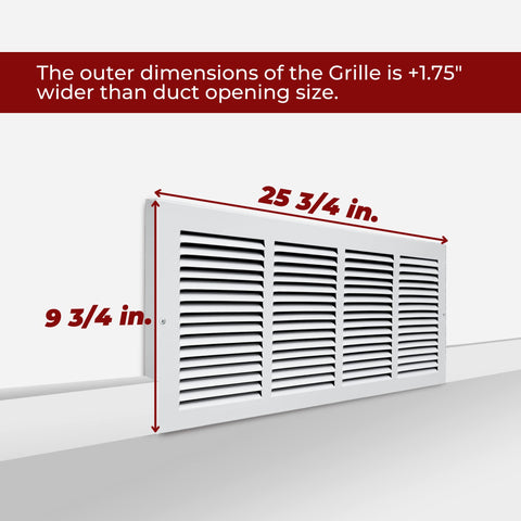24"W x 8"H [Duct Opening] Baseboard Return Air Grille | 7/8" Margin Turnback to Fit Baseboard | White | Outer Dimensions: 25.75"W X 9.75"H