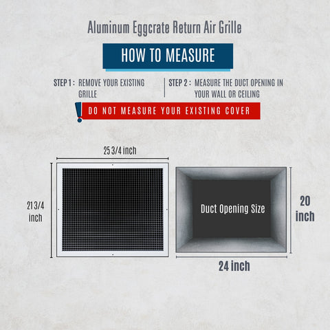 24" x 20" [Duct Opening] Aluminum Return Air Grille | Rust Proof Eggcrate Vent Cover Grill for Sidewall and Ceiling, White | Outer Dimensions: 25.75" X 21.75"