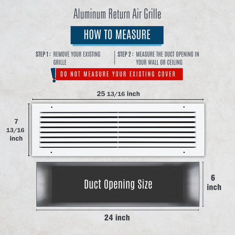24"x6" Premium Aluminum Return Air Grille – Rust-Free HVAC Vent Cover for Wall & Ceiling | White | Out. Dim.: 25-13/16"W X 7-13/16"H